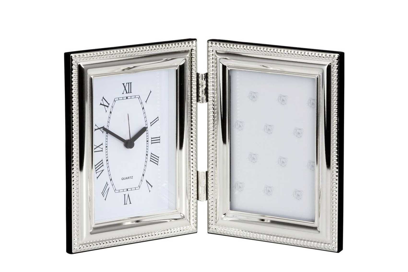 Bild von Fotorahmen Perlrand mit Uhr, versilbert
